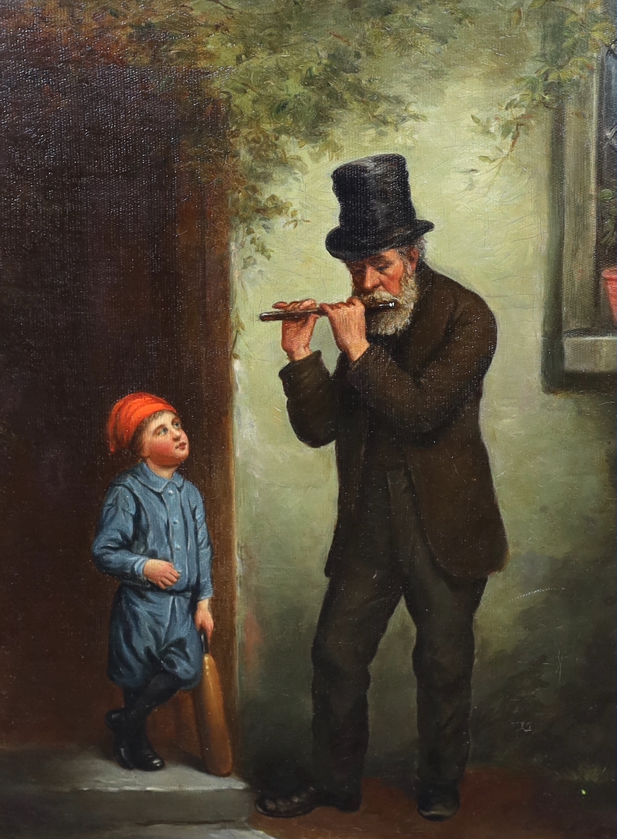 Frederick ?? (b.1885), oil on canvas, Figure playing a pipe to a boy holding a cricket bat, indistinctly signed 40 x 30cm., Please note this lot attracts an additional import tax of 5% on the hammer price